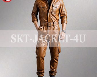 Men's Lambskin Leather Jumpsuit: Tan Catsuit with Cargo Pockets