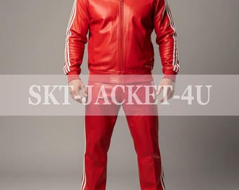 Tuta da uomo in vera pelle morbida al 100%, a righe bianche e rosse