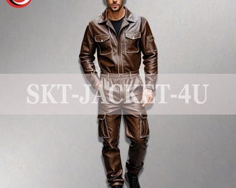 Men's Brown Lambskin Leather Jumpsuit With White Stitch: Cargo Pockets, Belted Bodysuit