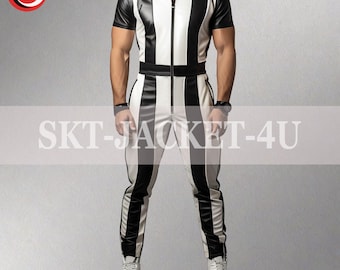Men's Black White Lambskin Leather Short Sleeve Leather Jumpsuit  Front Zipper Overall Bodysuit