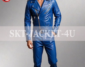 Men's Lambskin Leather Jumpsuit: Blue Catsuit Bodysuit with Zipper & Belt