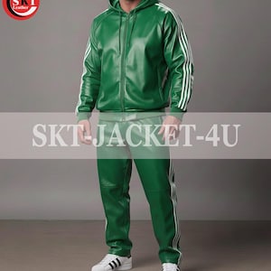 Men's Green Leather Track suit Sweatsuit Hoodie White Stripes Loose Fit Trousers