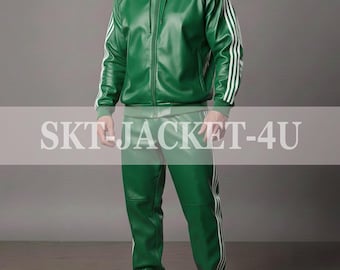 Chándal de cuero verde para hombre, sudadera con capucha y rayas blancas, pantalones holgados