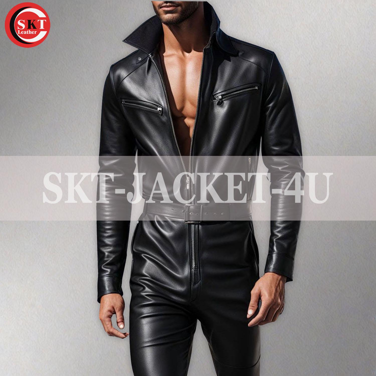 Men's Real Sheep Leather Black Catsuit Jumpsuit With Belt - Etsy