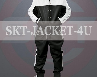 Herren Leder Trainingsanzug: Schwarz & Weiß, weiches echtes Leder