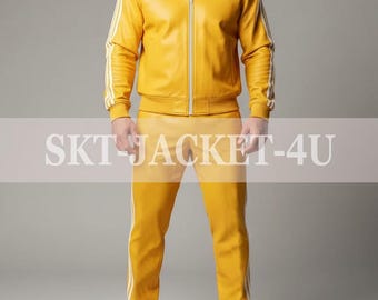Men's 100% Genuine Real Soft Leather Track Suit Sweat suit Yellow White Stripes