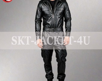 Men's Lambskin Leather Jumpsuit: Black Bodysuit with Cargo Pockets