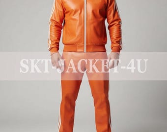 Chándal de piel auténtica 100 % suave para hombre, con rayas naranjas y blancas