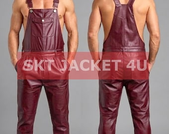 Herren echte weiche weinrote Leder Latz Overall Latzhose Overall Anzug Uniform Kleid