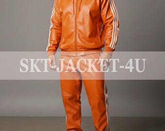 Chándal de cuero naranja para hombre, sudadera con capucha y rayas blancas, pantalones holgados