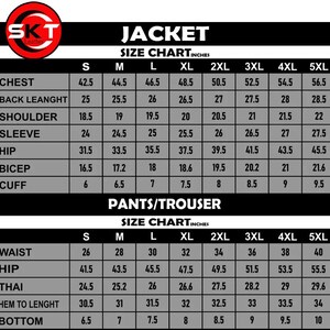 May include: A size chart for jackets and pants, with measurements in inches. The chart includes sizes from S to 5XL, detailing chest, back length, shoulder, sleeve, hip, bicep, and cuff measurements for jackets, and waist, hip, thigh, and hem to length for pants.