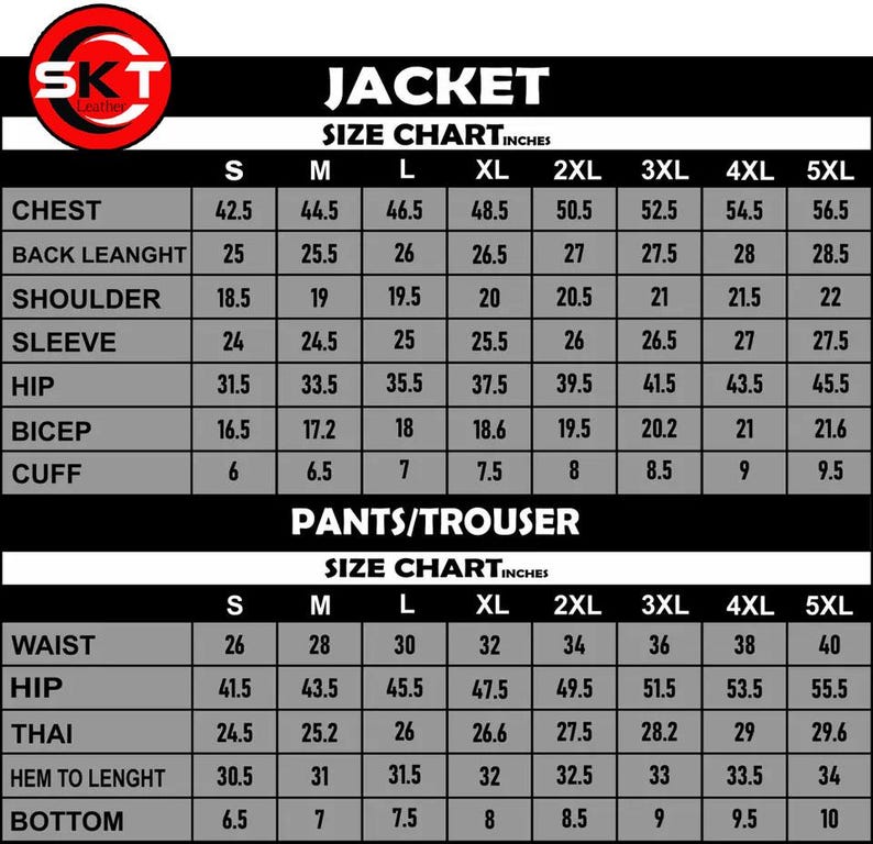 May include: A size chart for jackets and pants, with measurements in inches. The chart includes sizes from S to 5XL, detailing chest, back length, shoulder, sleeve, hip, bicep, and cuff measurements for jackets, and waist, hip, thigh, and hem to length for pants.
