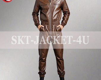 Men's Brown Sheep Leather Jumpsuit: Front Zipper Bodysuit