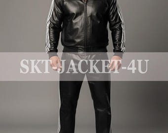 Men's 100% Genuine Real Soft Leather Track Suit Sweat suit Black White Stripes