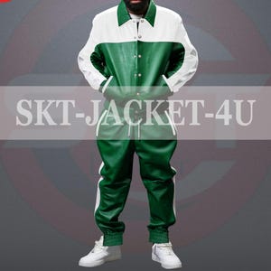 Men's Green & White Leather Tracksuit