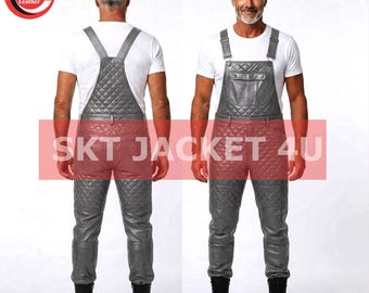 Mono de trabajo gris de piel de cordero auténtica para hombre, estilo motero, acolchado.