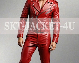 Men's Red Sheep Leather Jumpsuit: Diagonal Zipper Bodysuit with Belt