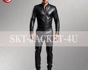 Men's Real Sheep Leather Jumpsuit: Quilted Shoulder Design Catsuit