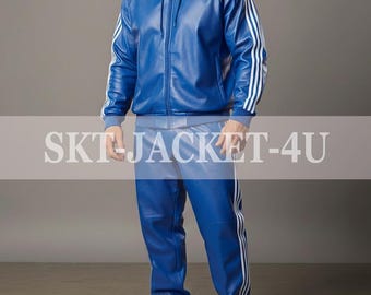 Chándal de cuero azul para hombre, sudadera con capucha y rayas blancas, pantalones holgados