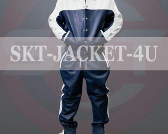 Men's Navy & White Leather Tracksuit - Brayden Style
