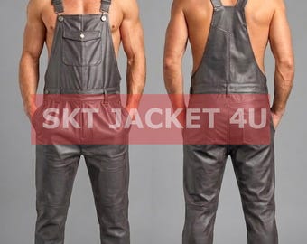 Mono de trabajo tipo peto de cuero gris suave genuino para hombre.