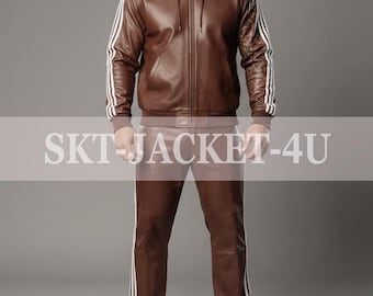 Chándal de cuero marrón para hombre, sudadera con capucha, rayas blancas, pantalones holgados