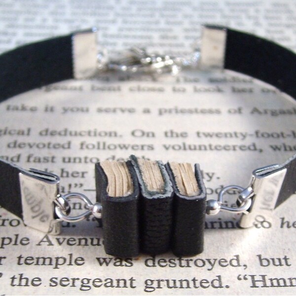 Miniature Book Bracelet Stack of 3 Mini Books and Leather Bracelet Black