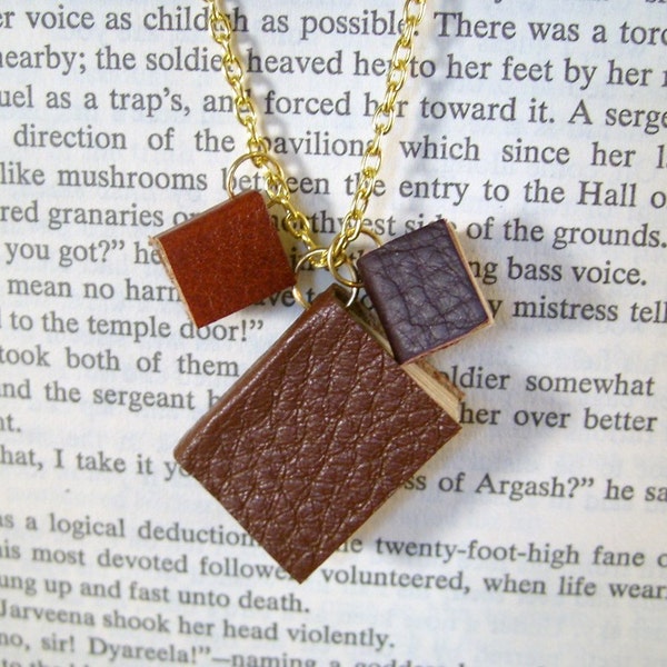 Miniature Book Necklace Tiny Trio Vintage Leather Books Necklace Wearable Art Brown Red