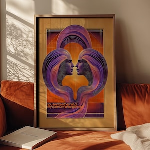Póster de arte de entrelazamiento cuántico - Póster retro de pareja de ciencia ficción - Decoración de pared maximalista morada con estampado hippie, decoración psicodélica para habitación, póster de los años 70