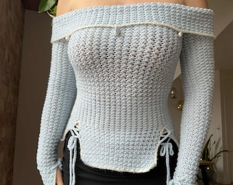 Patrón de top ajustado de manga larga con hombros descubiertos a crochet