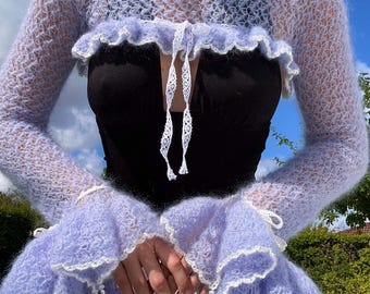 Patrón de bolero/chaqueta corta de mohair con volantes a crochet