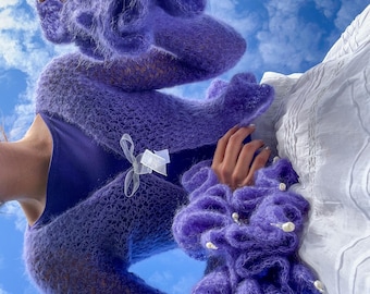 Patrón de cárdigan ligero de mohair con volantes a crochet