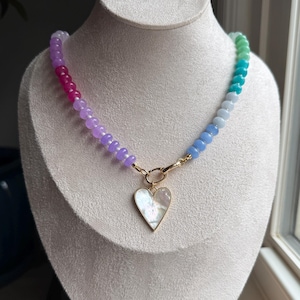 Rainbow Cloud Gemstone Beaded Necklace with Hinge Lock Clasp and Removable MOP Heart Pendant