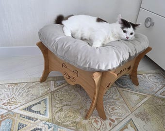 Lit pour chat en bois fait main avec oreiller lavable doux