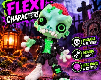 Zombie Flexi Figure, 3D Printed Zombie Toy, Movable Halloween Character, Exposed Brain Horror Figure, Spooky Desk Decor