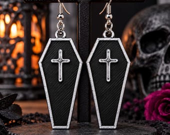 Gothic Coffin Earrings, Black Coffin Dangle Earrings, 925 Sterling Silver Ear Wires, 3D Printed Goth Jewelry, Vampire Halloween Gift