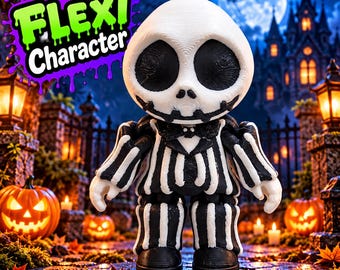 Jack Skellington Flexi Character – 3D Printed Articulated Halloween Figure – Skeleton Flexi Toy – Spooky Gothic Decor – Halloween Gift
