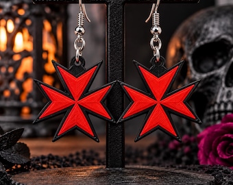 Limited Edition Red & Black Maltese Cross Earrings, Gothic Dangle Earrings, 925 Sterling Silver Ear Wires, Biker Earrings, Goth Gift