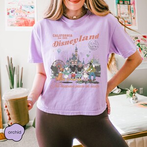 May include: A lilac-colored t-shirt with a Disneyland graphic. The graphic features a castle, cartoon characters, and the text "California Disneyland Est. 1955" and "The happiest place on earth".