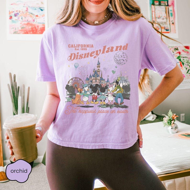 May include: A lilac-colored t-shirt with a Disneyland graphic. The graphic features a castle, cartoon characters, and the text "California Disneyland Est. 1955" and "The happiest place on earth".