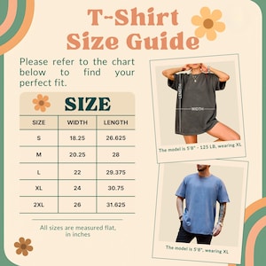 May include: A T-shirt size guide with measurements in inches. The guide includes sizes S, M, L, XL, and 2XL, with corresponding width and length measurements. The image also shows models wearing XL shirts. The text reads, "Please refer to the chart below to find your perfect fit."