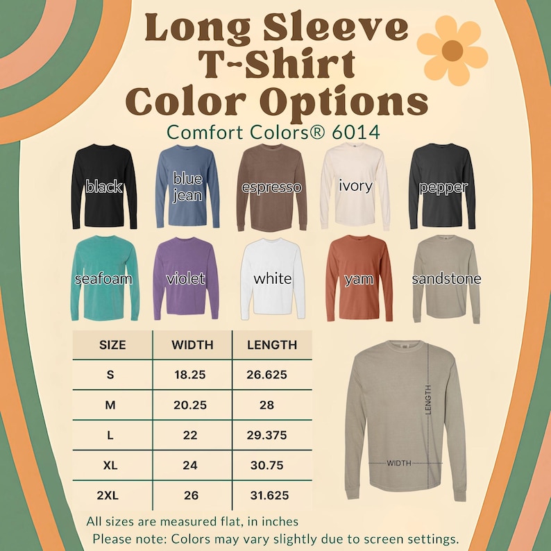 May include: A product image showcasing a long-sleeve T-shirt with various color options, including black, blue jean, espresso, ivory, pepper, seafoam, violet, white, yam, and sandstone. Size and measurement details are also provided in inches.