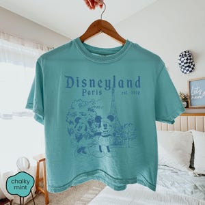 Puede incluir: Una camiseta turquesa con un gr&aacute;fico de Mickey y Minnie Mouse frente a la Torre Eiffel, con el texto "Disneyland Paris est. 1992". La camiseta est&aacute; colgada en una percha de madera.