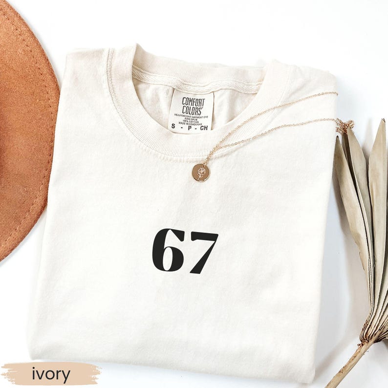 May include: Ivory-colored t-shirt with the number 67 printed in black. A gold necklace with a circular pendant rests on the shirt. The shirt is labeled "Comfort Colors". A brown hat and dried plant stems are in the background.