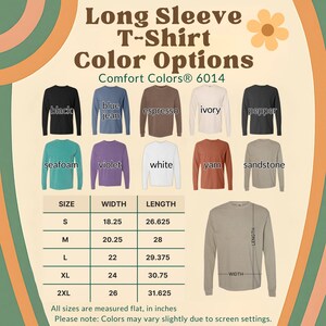 May include: A product image showcasing a long-sleeve T-shirt with various color options, including black, blue jean, espresso, ivory, pepper, seafoam, violet, white, yam, and sandstone. Size and measurement details are also provided in inches.