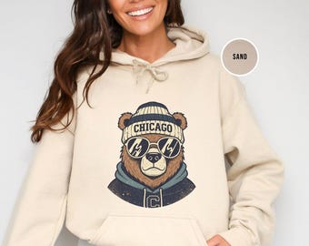 Chicago Football Mascot With Glasses Vintage Crewneck Sweatshirt, Retro Bear Apparel, Chicago Football Unisex Hoodie, Bear Shirt