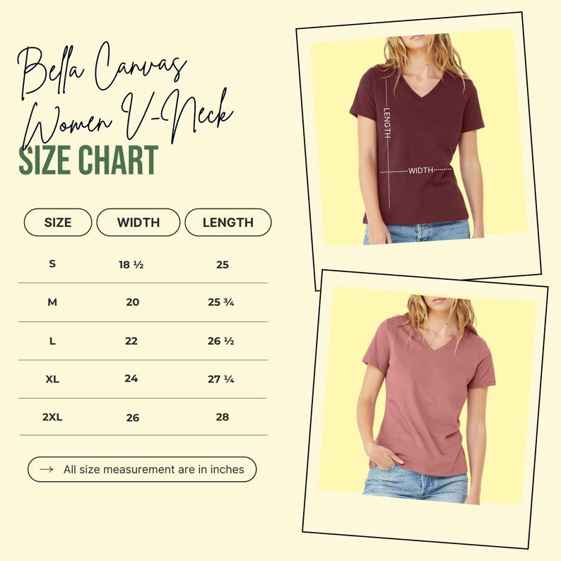 K&ouml;nnte beinhalten: Gr&ouml;&szlig;entabelle f&uuml;r Bella Canvas Women V-Neck. Die Ma&szlig;e in Zoll sind f&uuml;r die Gr&ouml;&szlig;en S bis 2XL angegeben. Zwei Frauen tragen V-Ausschnitt-T-Shirts in Burgunderrot und Ros&eacute;. Die Tabelle enth&auml;lt Breiten- und L&auml;ngenma&szlig;e.