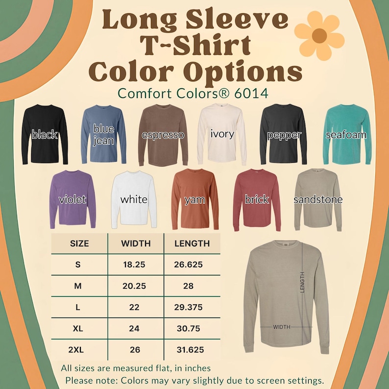 May include: A product image showcasing a long-sleeve t-shirt with various color options, including black, blue jean, espresso, ivory, pepper, and seafoam. Additional colors are violet, white, yam, brick, and sandstone. Size and measurement details are also provided.