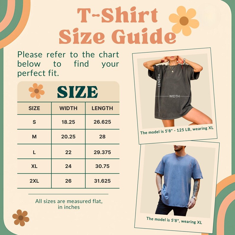May include: T-shirt size guide with measurements in inches. The chart includes sizes S, M, L, XL, and 2XL, with corresponding width and length measurements. The image also shows models wearing XL shirts. The text reads, "Please refer to the chart below to find your perfect fit."