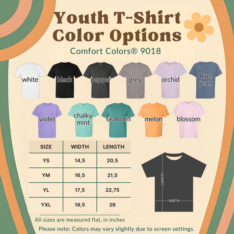 May include: A graphic showing youth t-shirt color options in various colors, including white, black, grey, and blue jean. The image includes a size chart with measurements in inches and the text "Youth T-Shirt Color Options."